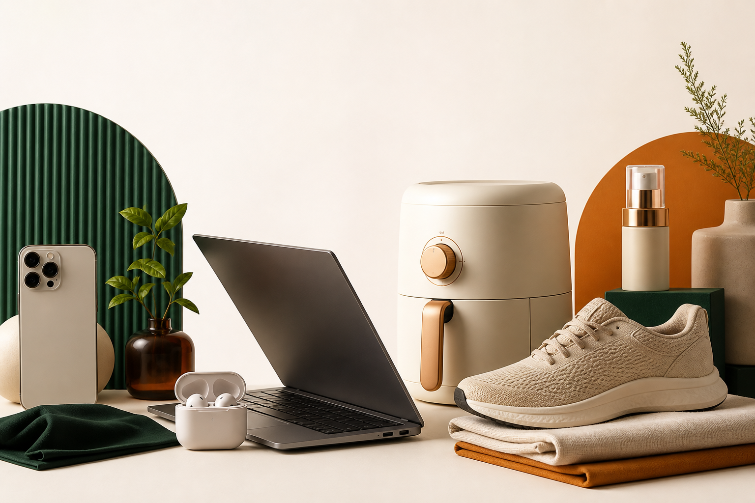 A phone, laptop, earbuds, home appliance, running shoe and skincare bottle arranged together